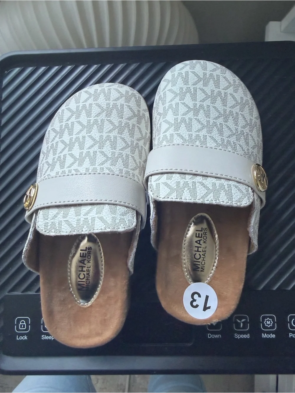 MICHAEL Michael Kors Girls' Beige Logo Slip-On Mules with Gold MK Accent